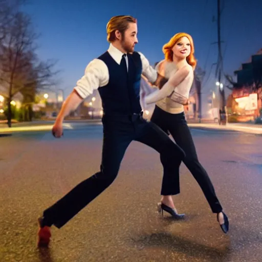 Prompt: Emma Stone and Ryan Gosling dance on an empty street 8k hdr