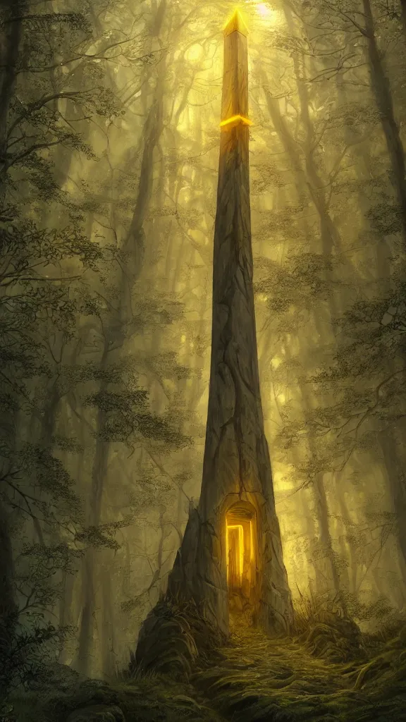 Prompt: a giant glowing yellow obelisk with inscriptions towering over a forest, ambient light, ultra detailed, fantasy artwork, 8k, very very very very very very very beautiful, trending on artstation, award winning, beautiful scenery.