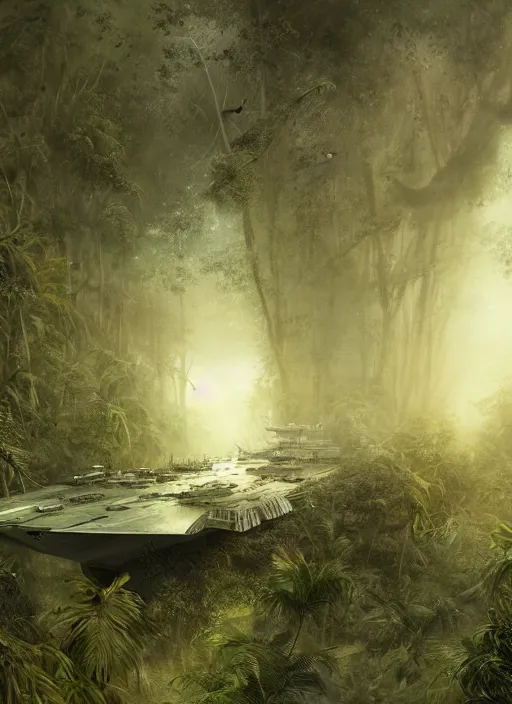 Prompt: the aircraft carrier USS Nimitz overgrown with vegetation laying on the ground of a tropical forest, post appocalyptic, by Luis Royo, by Greg Rutkowski, dark, gritty, intricate, cover illustration, concept art, volumetric lighting, volumetric atmosphere, sharp focus, octane render, trending on artstation, 8k