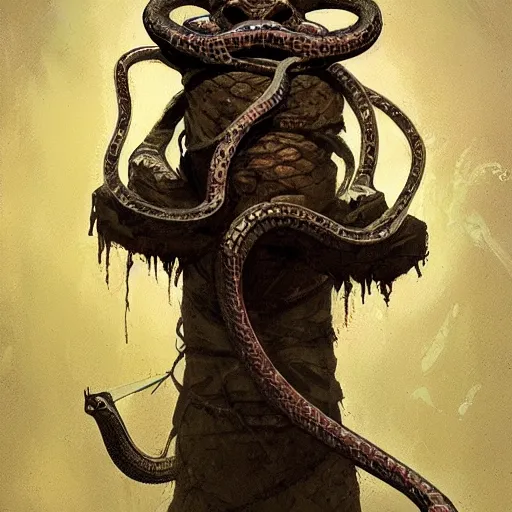 Prompt: a mumie with a snake head, bound to a totem, by greg rutkowski, in the style of magic the gathering