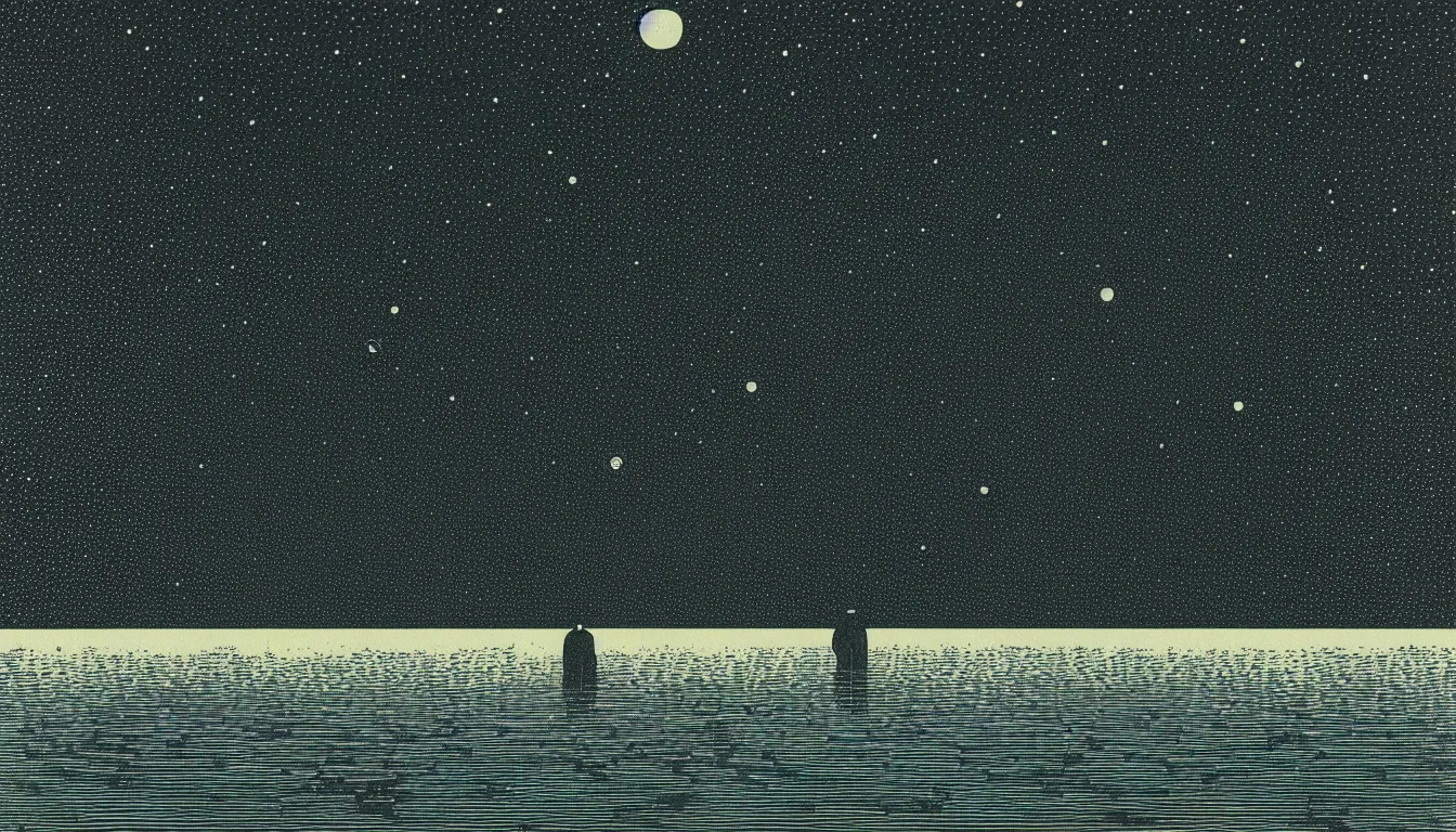 Image similar to standing in a lake looking at reflection of the night sky by woodblock print, nicolas delort, moebius, victo ngai, josan gonzalez, kilian eng