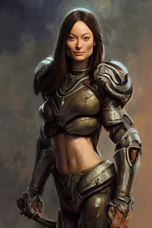 Image similar to a professional painting of a young Olivia Wilde, clothes in military armor, olive skin, long dark hair, beautiful bone structure, symmetrical facial features, intricate, elegant, digital painting, concept art, smooth, sharp focus, illustration, from StarCraft by Ruan Jia and Mandy Jurgens and Artgerm and William-Adolphe Bouguerea