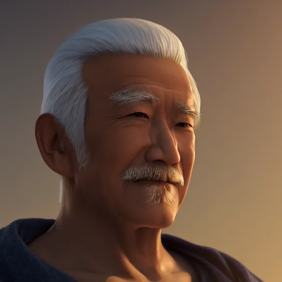 Image similar to a portrait of a shiny glowing heavenly asian elderly man with white beard, night, 8 k, octane render, artstation, digital art.