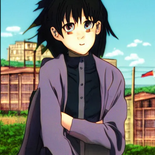 Image similar to a portrait of tomboy Lain from serial experiments: Lain Shinji with a town behind