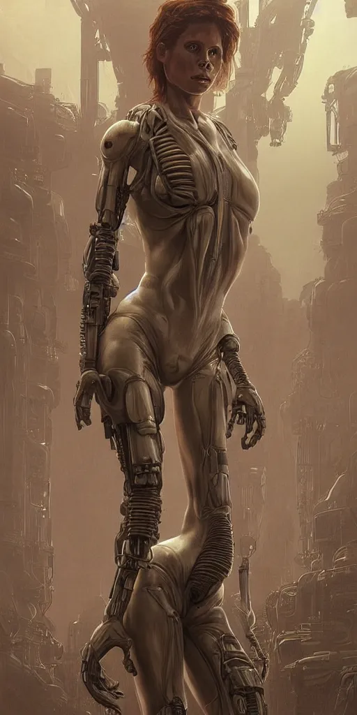 Image similar to portrait of Madison Ivy as Ellen Ripley in Alien, looking at camera, intricate, dystopian, sci-fi, extremely detailed, nostromo corridor, octane render, digital painting, concept art, smooth, sharp focus, illustration, incredible art by artgerm and greg rutkowski and alphonse mucha and simon stalenhag