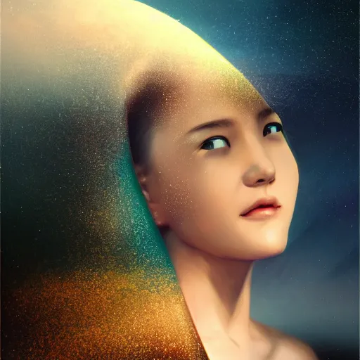 Prompt: 3 d, sci - fi, close - up, night, moon, moon rays, fashion model smiling face, cinematic, clouds, vogue cover style, realistic painting, intricate oil painting, high detail illustration, figurative art, multiple exposure, poster art, 3 d, by tooth wu and wlop and beeple and greg rutkowski