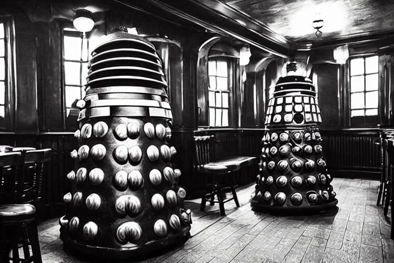 Image similar to photograph of a dalek in a traditional london pub, highly detailed, dramatic lighting, intense shadows, rich deep colours