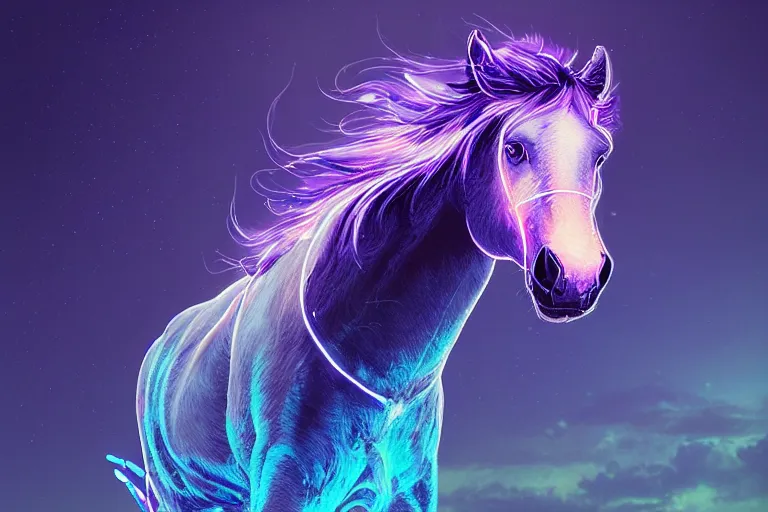 Image similar to a stunning horse with bioluminescent mane and tail running in the clouds by sandra chevrier and greg rutkowski, purple blue color scheme, celtic neon runes, vaporware, retro, outrun, high key lighting, volumetric light, digital art, highly detailed, fine detail, intricate, ornate, complex, octane render, unreal engine, photorealistic