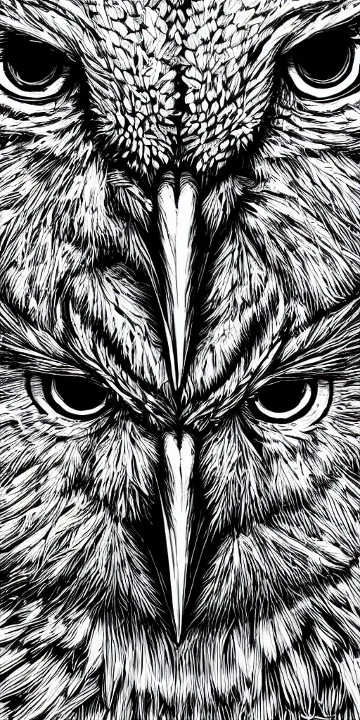 Image similar to black and white illustration head of a owl, super detailed, by dan mumford, by adams ansel, high contrast, monochromatic