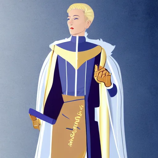 Image similar to character concept art of stoic heroic emotionless handsome blond butch tomboy woman with very short slicked-back hair, in princely white and gold masculine satin uniform with gold cape and boots, romantic, science fiction, atompunk, illustration