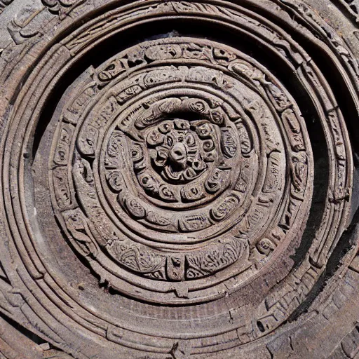 Prompt: broken section of a stargate inscribed with Hindu deities. Ancient alien artifact. 4K high quality museum collection photograph