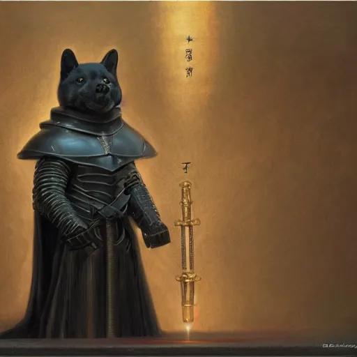 Image similar to holy knight black armor, anthropomorphic shiba inu, shiba inu face, stuning 3 d render, masterpiece, glowing holy aura, by donato giancola and greg rutkowski and wayne barlow and zdzisław beksinski, realistic face