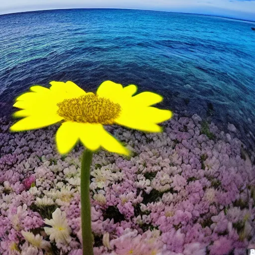 Prompt: photo 1 2 mm wide angle, flower in the sea