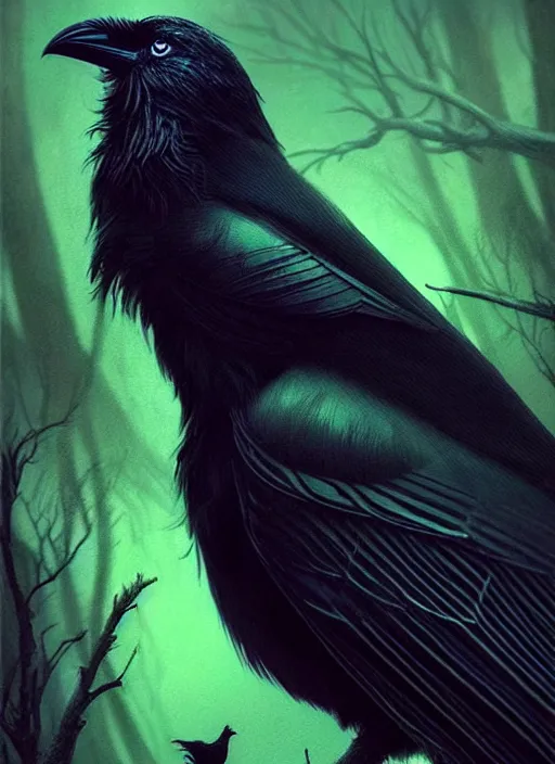 Image similar to side portrait dark crow (animal), close-up, fantasy forest landscape, moonshine, fantasy magic, nice black feather, proud, green dark light night, intricate, elegant, sharp focus, illustration, highly detailed, digital painting, concept art, matte, art by WLOP and Artgerm and Greg Rutkowski and Eddie Mendoza, masterpiece