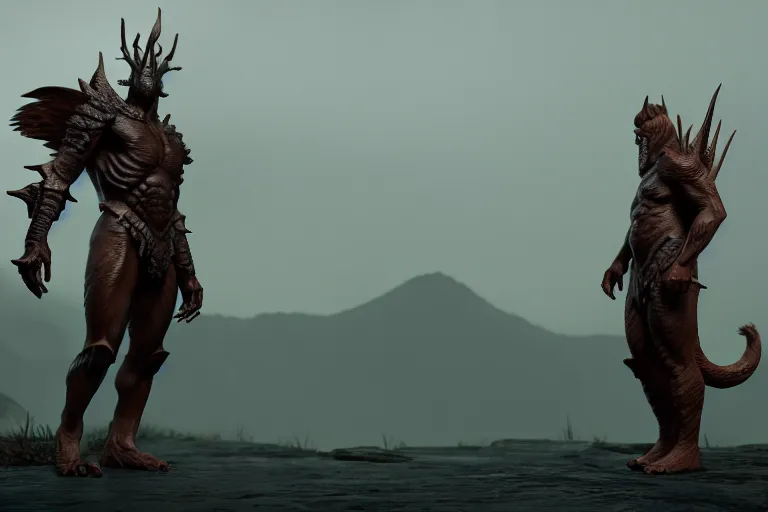 Image similar to scaled mythical creatures thread the humankind. kaizu, highlight scen of movie, high quality, highly detailed 8 k, unreal engine 5, artstation