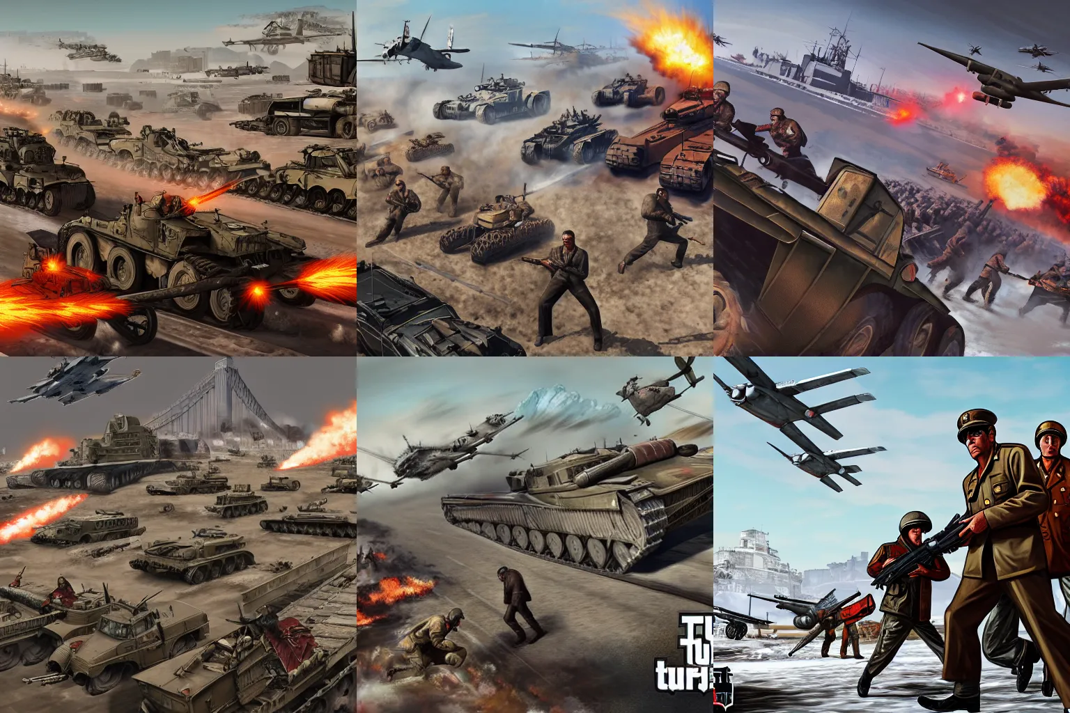 Prompt: Battle of Stalingrad in Grand Theft Auto 5 covert art, epic, 4k resolution, extremely detailed, very sharp, artstation, digital art, vibrant,