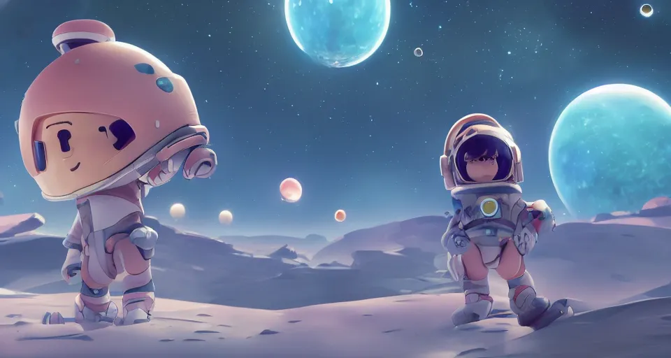 Image similar to astroneer chasing a distant spaceship Anime, wide angle, fine details, cinematic. galaxy starscape. realistic shaded lighting by Ilya Kuvshinov Giuseppe Dangelico Pino and Michael Garmash and Rob Rey greg rutkowski, octane render, IAMAG premiere, aaaa achievement collection, elegant freckles, cinematic hologram, fabulous, daily deviation, 4k, 8k, annual award winner