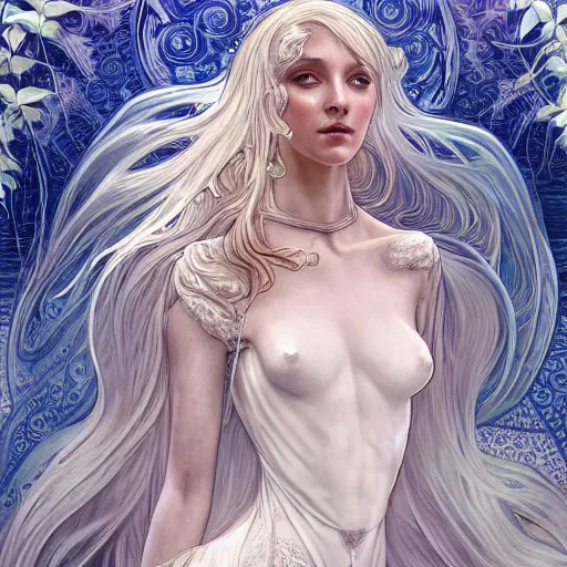 Image similar to a photograpic portrait of a anthropomorphic bioluminescent water wave wearing white clothes, fantasy, intricate, elegant, highly detailed, digital painting, artstation, concept art, smooth, sharp focus, illustration, art by artgerm and H R Giger and alphonse mucha