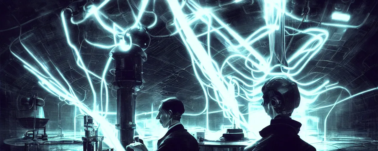 Image similar to duotone dark scifi illustration 3 / 4 portrait of nikola tesla with conducting eletricity experiments with tesla coils. cinematic lighting mad scientist style. golden ratio accidental renaissance. by sachin teng and sergey kolesov and ruan jia and heng z. graffiti art, scifi, fantasy, hyper detailed. octane render. concept art. trending on artstation