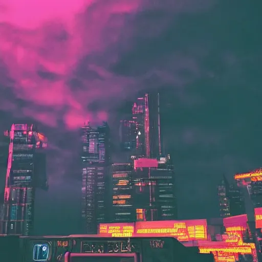 Prompt: sanatic cyberpunk world neon lighting high buildings cloudy sky cinematic lighting