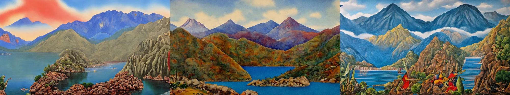Prompt: lakeside mountains, mexican muralism