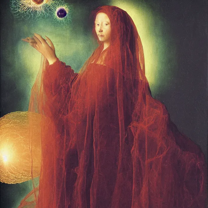 Prompt: a closeup portrait of a cloaked woman floating next to an jellyfish nebula, jellyfish nebula, by jan van eyck