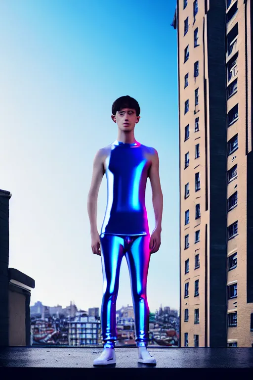 Image similar to un ultra high definition studio quality photographic art portrait of a young man standing on the rooftop of a british apartment building wearing soft baggy inflatable padded silver iridescent pearlescent clothing. three point light. extremely detailed. golden ratio, ray tracing, volumetric light, shallow depth of field. set dressed.