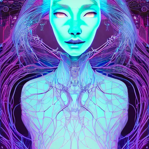 Image similar to ethereal, bioluminescent wired, cybernetic alien princess in the mountains, extremely detailed, sharp focus, portrait, smooth, digital illustration, by james jean, by rossdraws, frank franzzeta, sakimichan