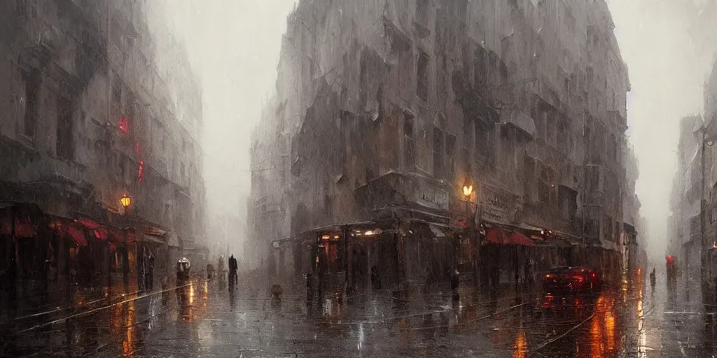 Image similar to an oil painting of a downpour in the middle of the street of a medieval city, moody lighting, fog, dark fantasy, by greg rutkowski, trending on artstation