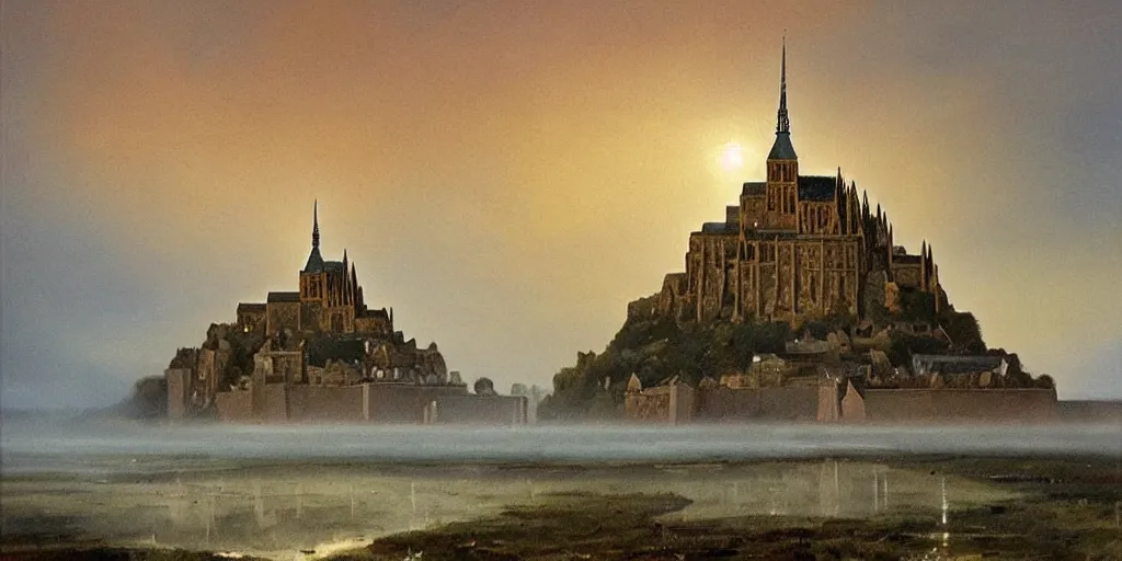 Image similar to oil painting portraying mont saint michel in the style of romanticism landscape painters,beautiful,mist,evocative