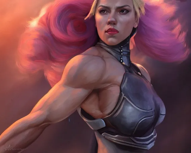 Prompt: detailed portrait of scarlett johansson as a female bodybuilder zarya from overwatch showing her left bicep, attractive, beautiful, fantasy, intricate, elegant, highly detailed, digital painting, artstation, concept art, matte, sharp focus, illustration, art by aenaluck, artgerm and roberto ferri and greg rutkowski, epic fantasy, digital painting