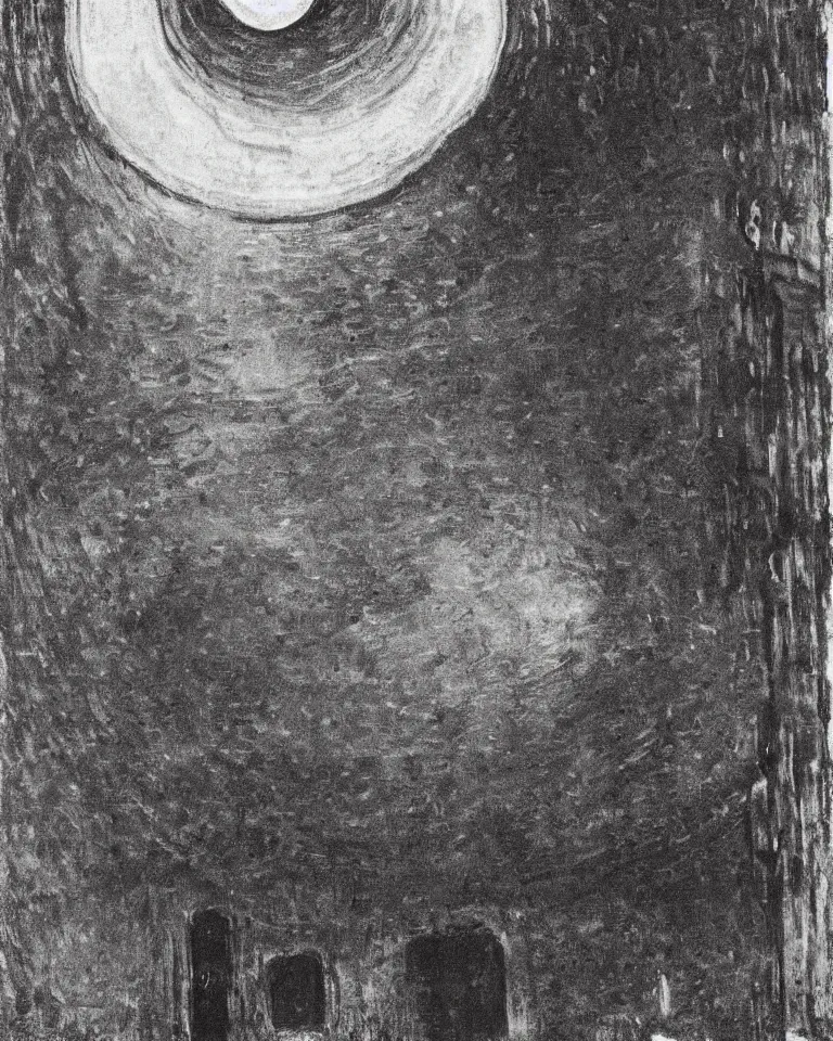 Image similar to midnight, the moon obscured by clouds, in a dilapidated building the dark unknown huddled in the corner is pouring out, mist, by edvard munch