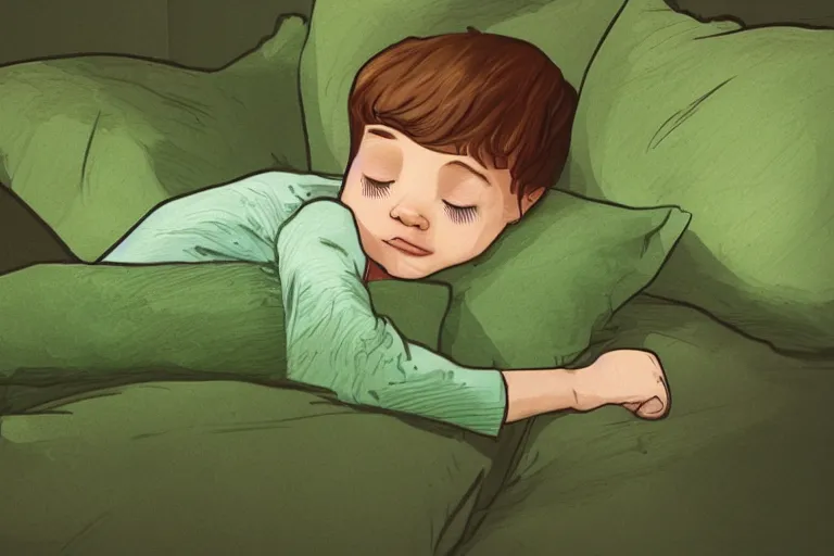 Image similar to a beautiful illustration of a little cute boy on his bed dreaming about a beautiful green forest, detailed face, beautiful colors, digital art