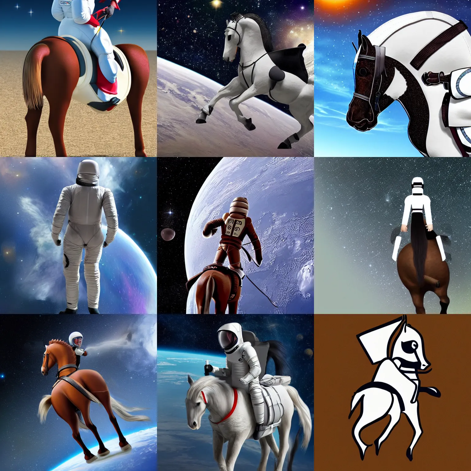 Prompt: an anthropomorphic horse riding on the back of a space- suit