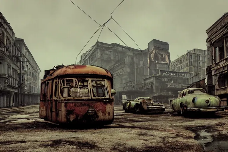 Image similar to low wide angle shot of dilapidated fallout 5 europa, retro futuristic euro cityscapes, desolate, dilapidated neon signs, few rusted retro futuristic vintage parked vehicles like cars, buses, trucks, trams, volumetric lighting, photorealistic, fog, daytime, autumn, overcast weather, sharp focus, ultra detailed, 4 0 0 0 k