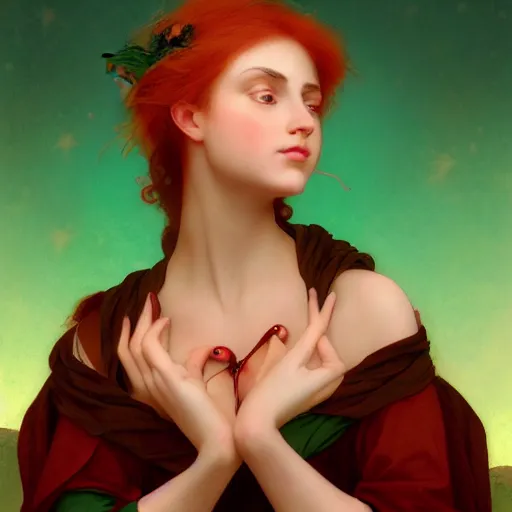 Image similar to a beautiful stunning fantasy whimsical matte digital portrait illustration of a pretty womam with bright green eyes and fiery red hair with a green bird on her shoulder, in the style of William Adolphe-Bouguereau and Marc Simonetti, magic the gathering, trending on artstation, contest winner