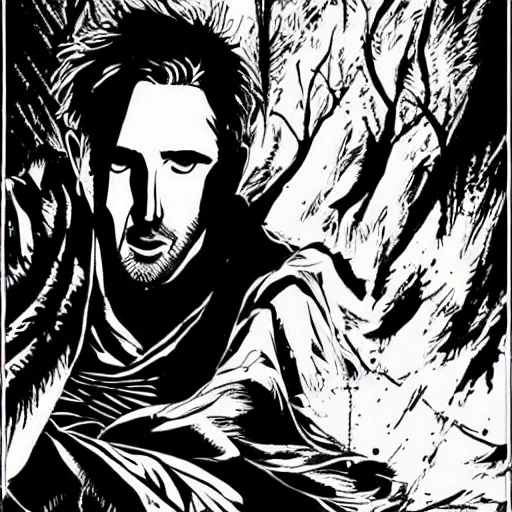 Prompt: pen and ink!!!! attractive 22 year old monochrome!!!! Ryan Gosling highly detailed manga Vagabond!!!!!!! telepathic floating magic swordsman!!!! glides through a beautiful!!!!!!! battlefield magic the gathering dramatic esoteric!!!!!! pen and ink!!!!! illustrated in high detail!!!!!!!! graphic novel!!!!!!!!! by Gustav Klimt, Bernie Wrightson, and Hiroya Oku!!!!!!!!!!!!!! MTG!!! award winning!!!! full closeup portrait!!!!! action Exposition manga panel