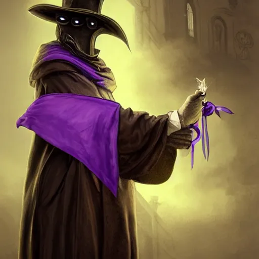 Image similar to mediaeval plague doctor wearing a top hat with a purple ribbon, intricate, epic, highly detailed, digital painting, artstation, concept art, smooth, sharp focus, illustration, unreal engine 5, 8 k, art by artgerm and greg rutkowski and alphonse mucha