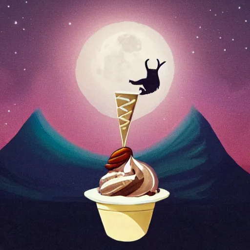 Prompt: a mystical creature eating ice cream in the moonlight