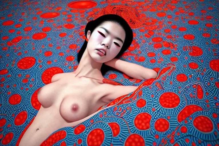 Prompt: hyperrealistic detailed image of a geisha laying in a art installation, interior by yayoi kusama, part by kei mieno, part by alex gray, part by ross tran, part by james jean, ultra realistic, highly detailed, life like face, detailed body, 8 k, octane render, trending on artstation, very cohesive, masterpiece