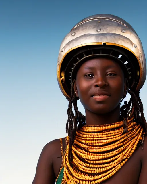 Prompt: centered medium shot fine studio photograph of a young woman wearing only a solarpunk mecha Maasai helmet with bright lights, ultra-realistic, white background, 8k HDR sunset lit, intricate