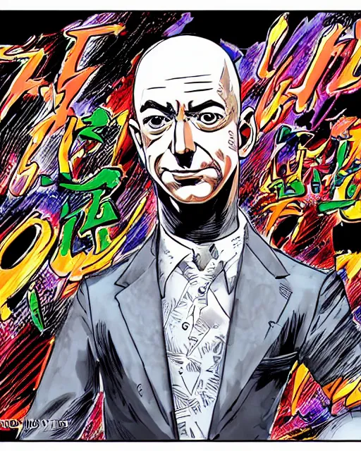 Prompt: Digital color ink drawing of Jeff Bezos from JoJo\'s Bizzare Adventure, highly detailed, sharp focus, screentone shading, 1990 manga panel, trending on ArtStation, manga cover art drawn by Hirohiko Araki