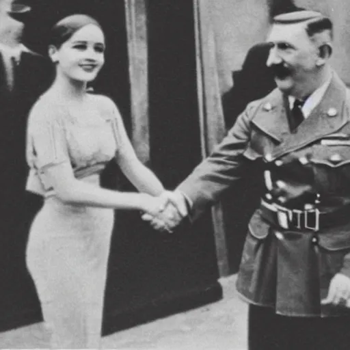 Image similar to monochrome vintage photograph of ariana grande and adolf hitler shaking hands in berlin, 8 k, very detailed, very intricate,