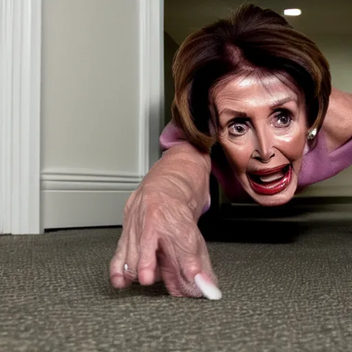 Prompt: Nancy Pelosi crawling out of the backrooms, trailcam footage