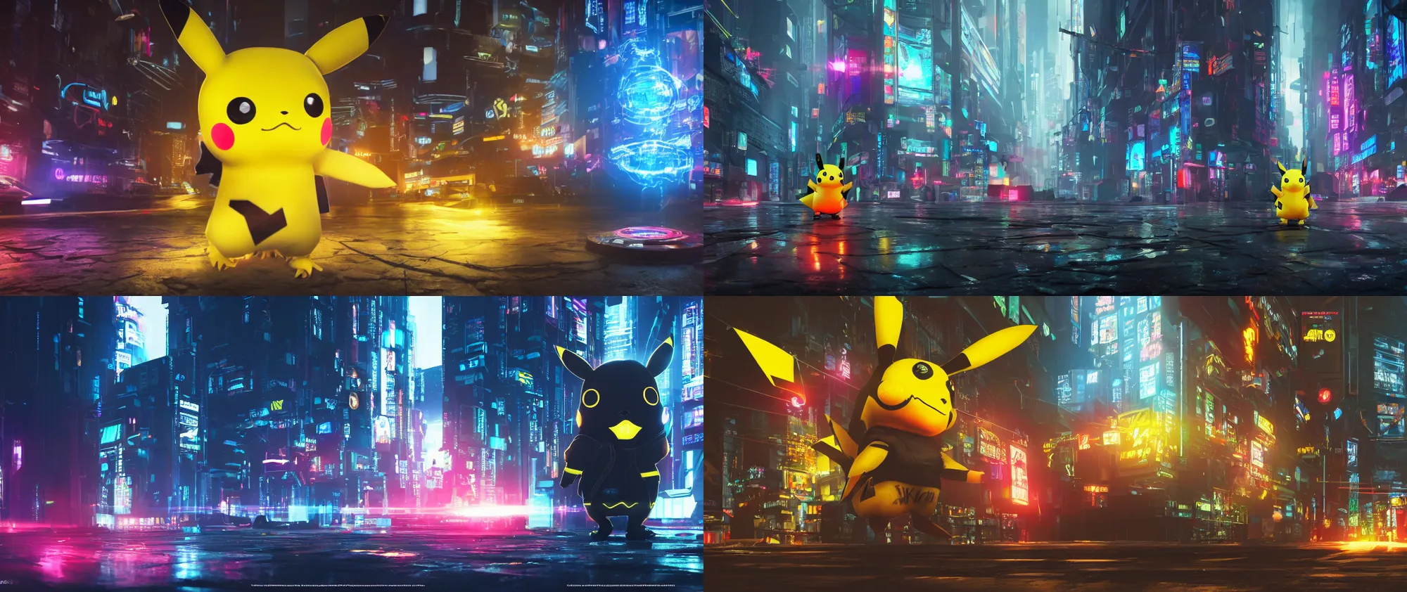 Prompt: A cyberpunk Pikachu. Highly detailed, 8k wallpaper, HDR, concept art, unreal engine 5, 4k, 8k, ray tracing, highly detailed, bloom, ultrawide, lens flare, detailed. photorealism. artstation. 25mm f/1.7 ASPH Lens. ultra realistic