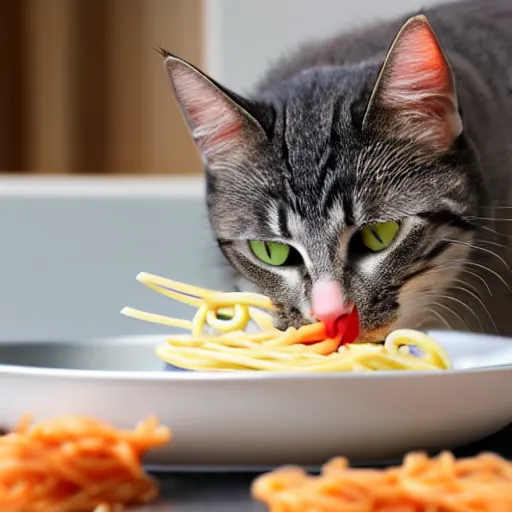 Prompt: cat eating spaghetti with a spoon