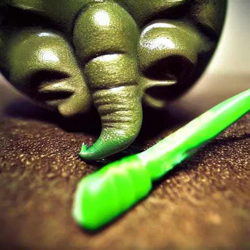 Prompt: macro photo little green elephant cleaning with toothbrush, fisheye, realistic, dramatic