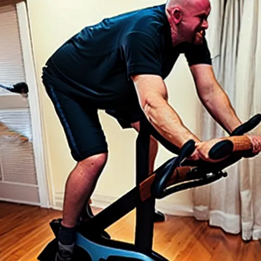 Image similar to ethan van sciver with a bald head and grey trimmed beard working out vigorously on his peloton exercise bike