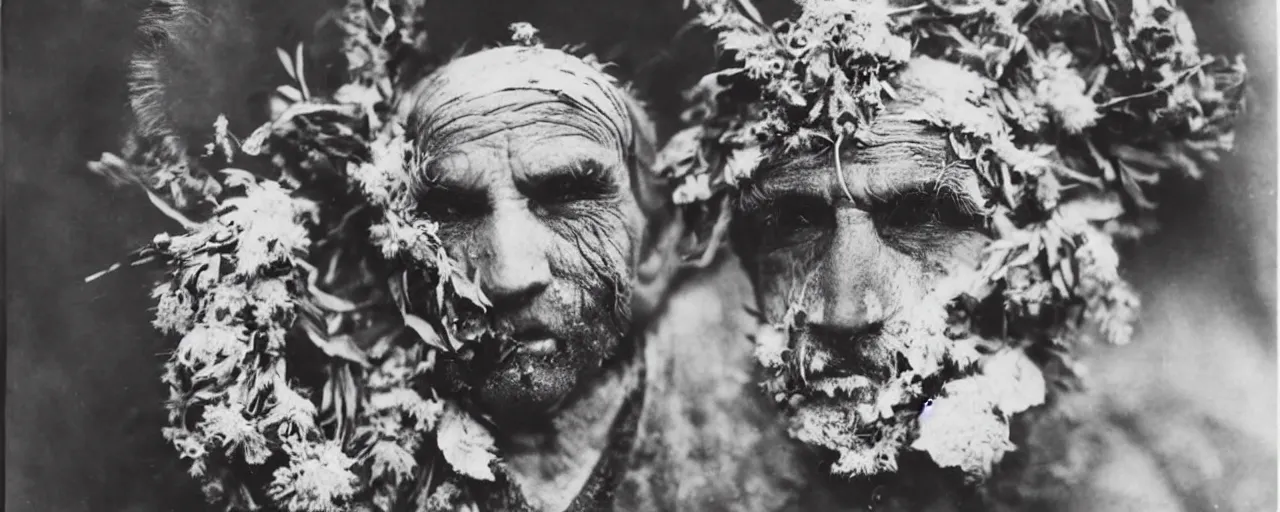 Image similar to 1920s portrait photography of an alpine old farmer transforming into a monster, edelweiss growing out of his face, goat horns on his head