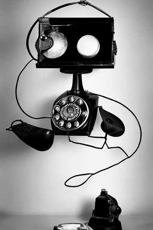 Prompt: commercial product photography advertisement for Salvador Dali’s Lobster Telephone, a black Rotary telephone with a painted plaster lobster for a handle, Rear lighting, commercial studio lighting